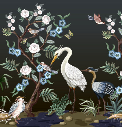 chinoiserie, heron, peony, vector