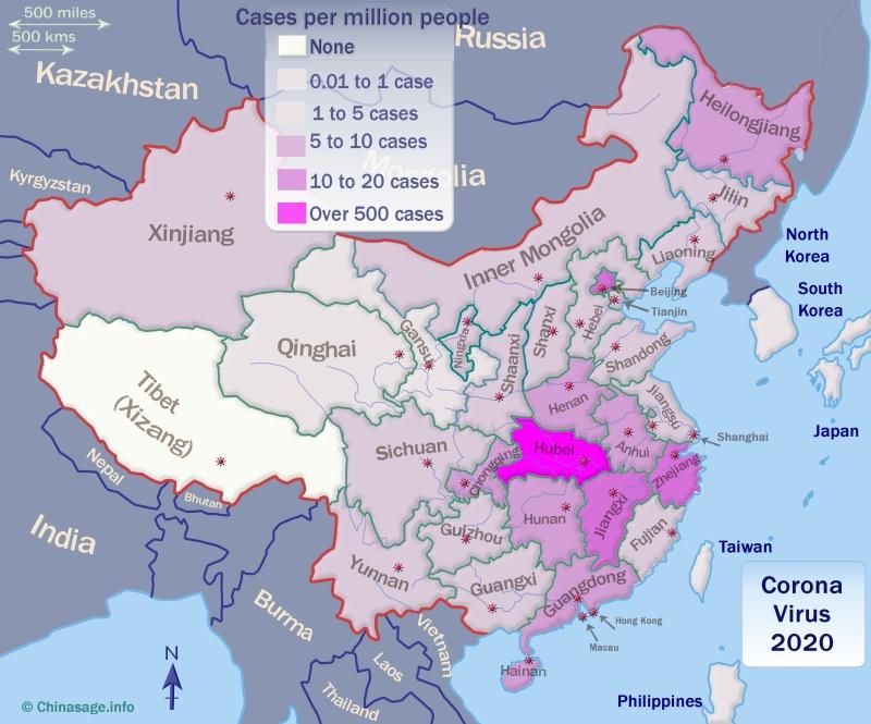 Map of cases of Coronavirus in China